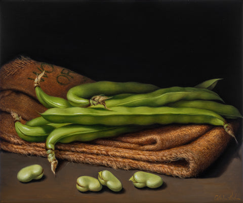 STILL LIFE WITH BROAD BEANS AND HESSIAN